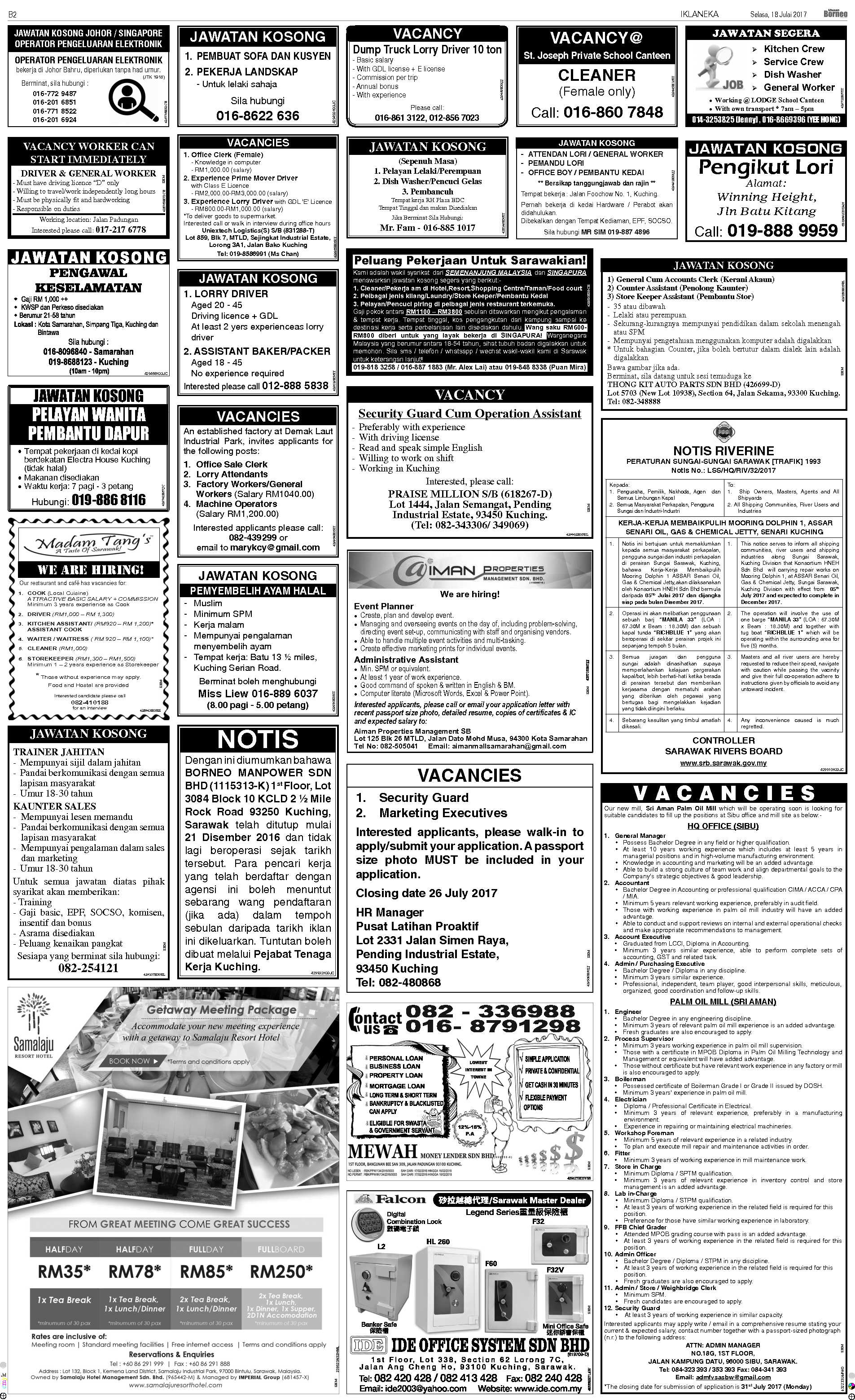 Tuesday Jul 18 The Borneo Post Classifieds